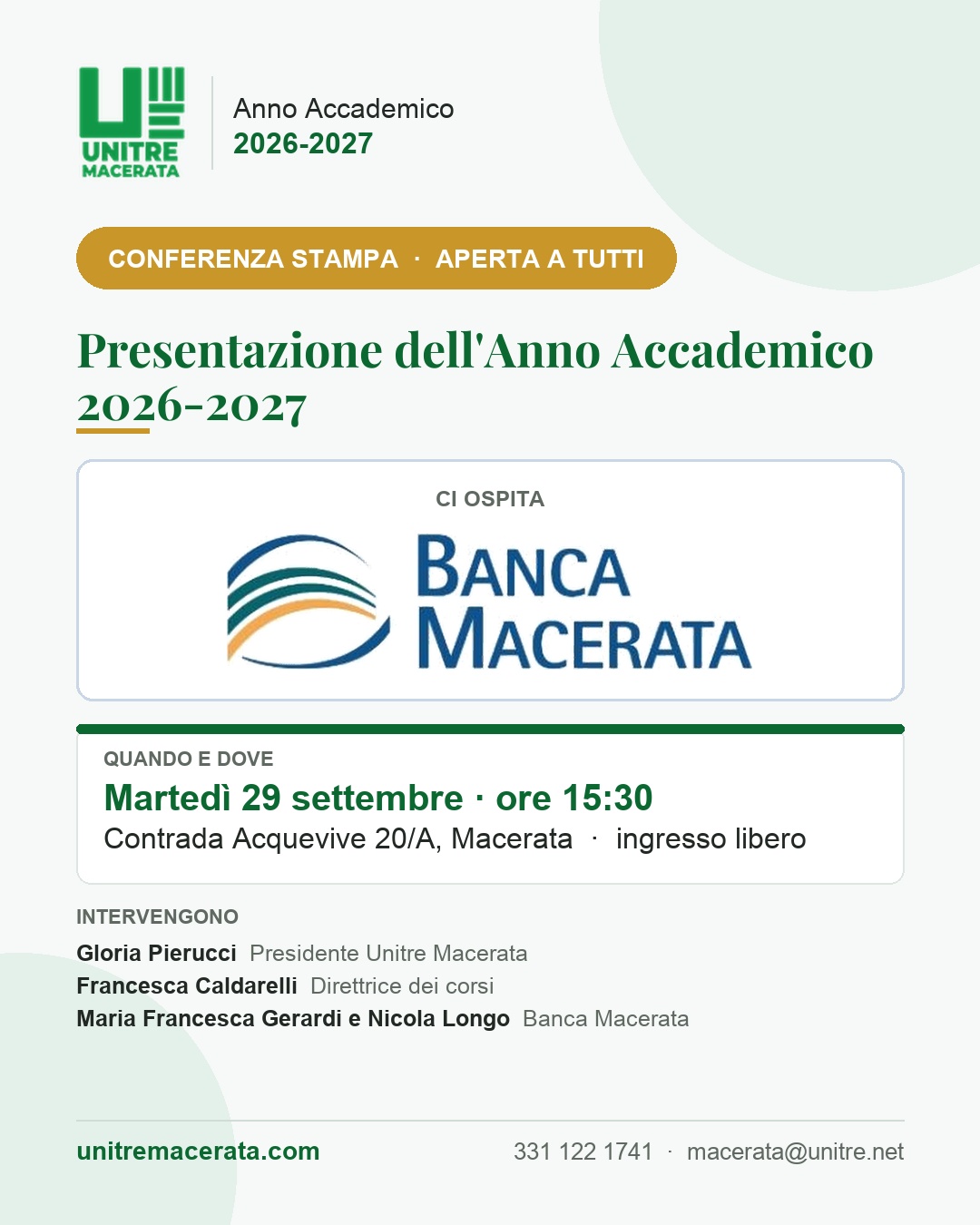 Locandina: Presentazione dell'Anno Accademico 2026-2027 di Unitre Macerata, martedì 29 settembre ore 15:30, ospiti di Banca Macerata, Contrada Acquevive 20/A. Ingresso libero.