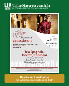 Locandina: I Concerti di Appassionata, Trio Spagnolo, Piccotti, Consonni, giovedì 15 ottobre 2026 ore 21:00, Teatro Lauro Rossi, Macerata. Sconto per i soci Unitre.