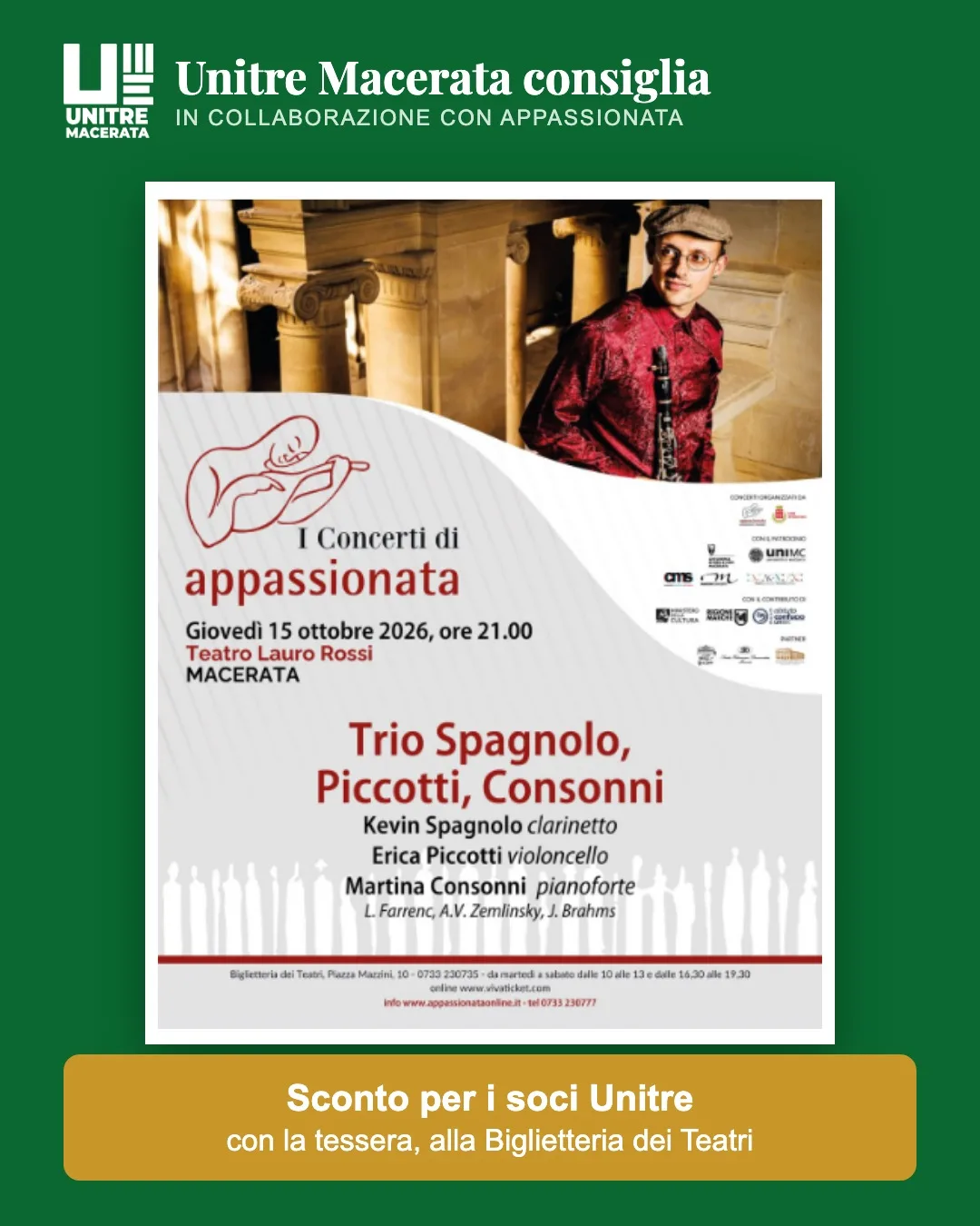 Locandina: I Concerti di Appassionata, Trio Spagnolo, Piccotti, Consonni, giovedì 15 ottobre 2026 ore 21:00, Teatro Lauro Rossi, Macerata. Sconto per i soci Unitre.
